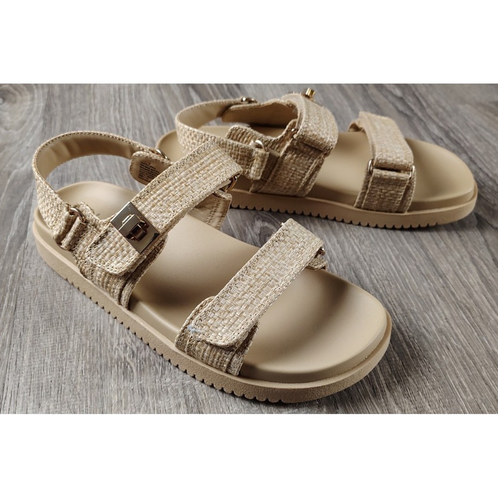 A New Day 9 Platform Tan Straw Strappy Sandal Woven Raffia Look V3lcro Straps